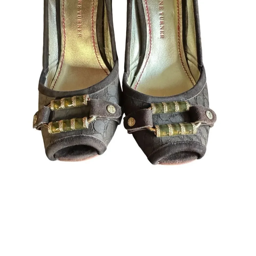 Elaine Turner Platform Heels Open Toe Brown Suede Tortoise Shell Heel Gold Hardw